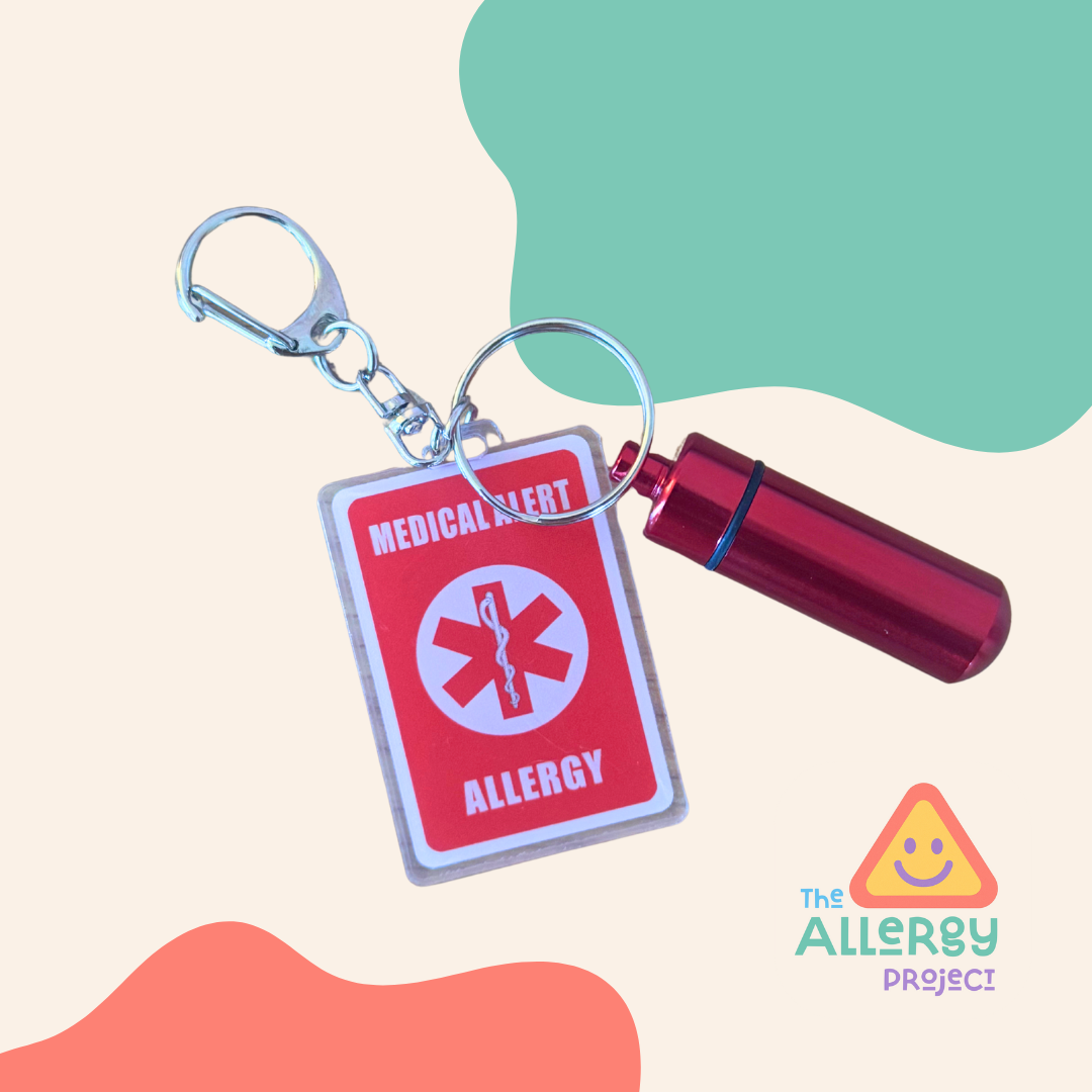 Medical Alert Allergy Keychain – Emergency ID Tag with Pill Capsule Holder | Red & White Dual-Sided Design