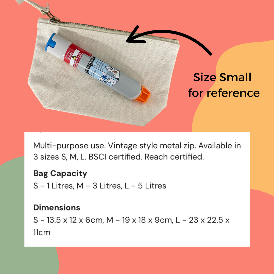 Small pouch with EpiPen and product details on a colorful background.