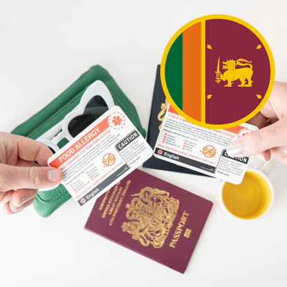 Passport, wallet, and food allergy cards on a white background with a Sri Lankan flag inset.