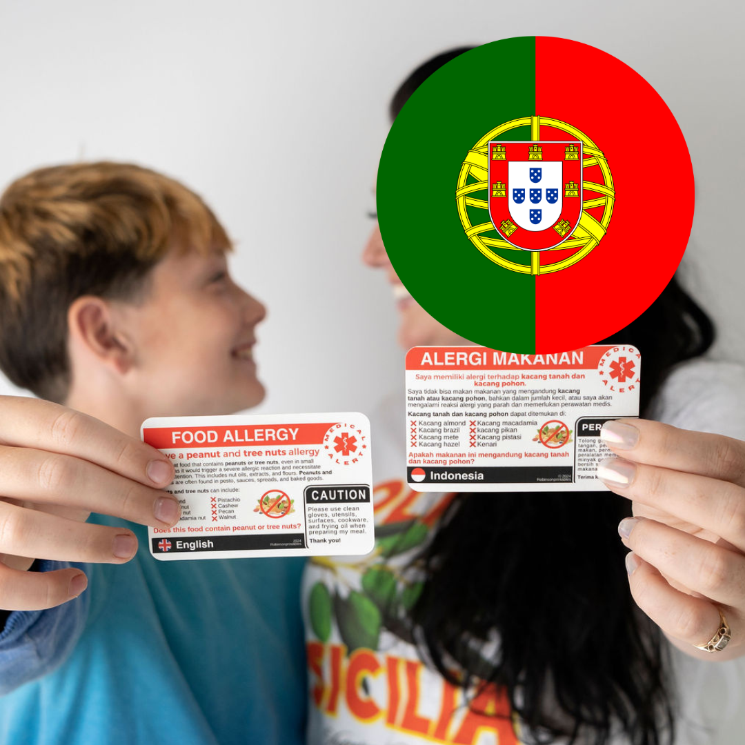 Portuguese peanut and tree nut allergy translation card, English and Portuguese, digital download