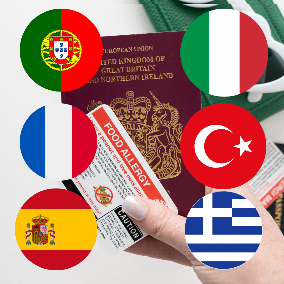 Mediterranean peanut and tree nut allergy card bundle: Spanish, Italian, Greek, French, Turkish and Portuguese
