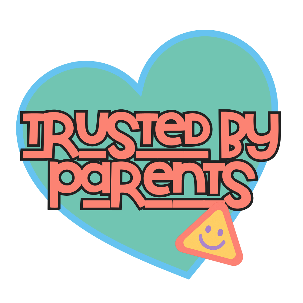 Heart-shaped logo with 'Trusted by Parents' text and a smiley face triangle on a white background