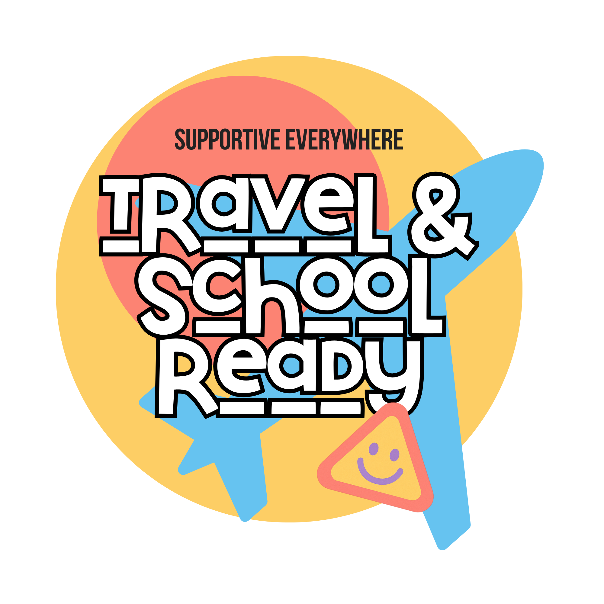 Logo with text 'Travel & School Ready' and airplane icon on a colorful background