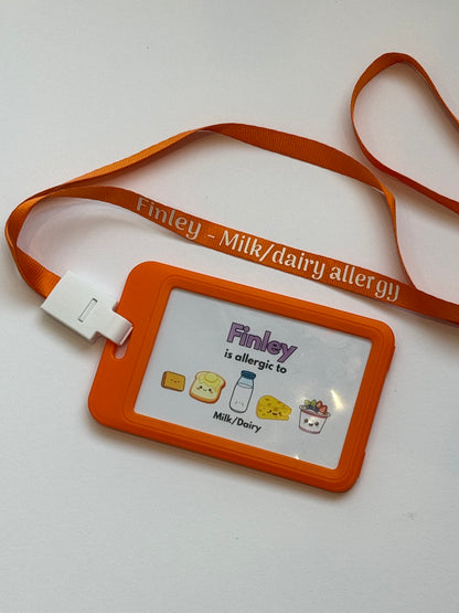 Allergy alert card with orange strap on a white background