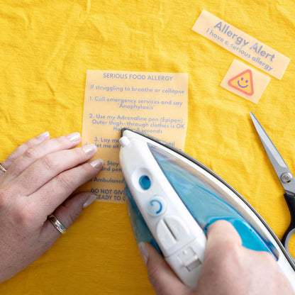 Iron-On Allergy Labels – 5 Pack | Personalised Anaphylaxis Safety Tags for Kids' Clothing, School Uniforms & Nursery Wear