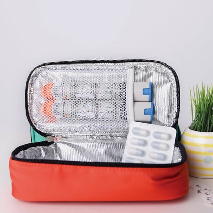Open allergy travel pouch with medical supplies on a light background