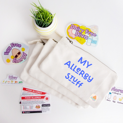White pouch with 'My Allergy Stuff' text, surrounded by allergy-related products on a white background.