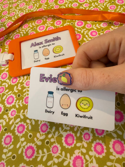 Allergy alert cards for Alex Smith and Evie on a floral background