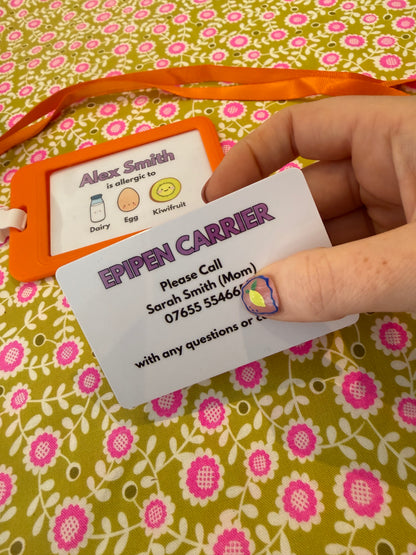 Allergy alert card with food allergen symbols on a floral background