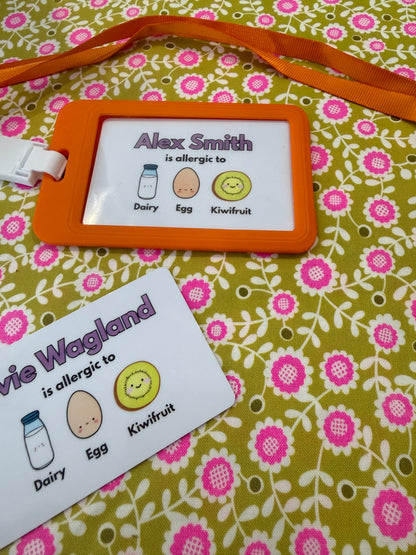 Allergy identification tags for Alex Smith and Evie Wagland on a floral background